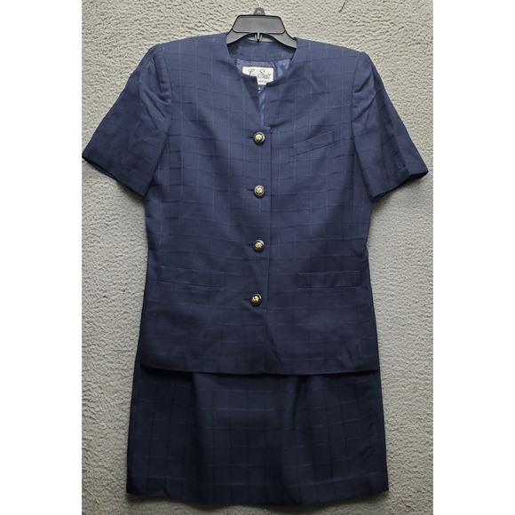 Le Suit New York 2 Piece Skirt Suit Womens 10 Navy Textured Check Button Front - Picture 1 of 16